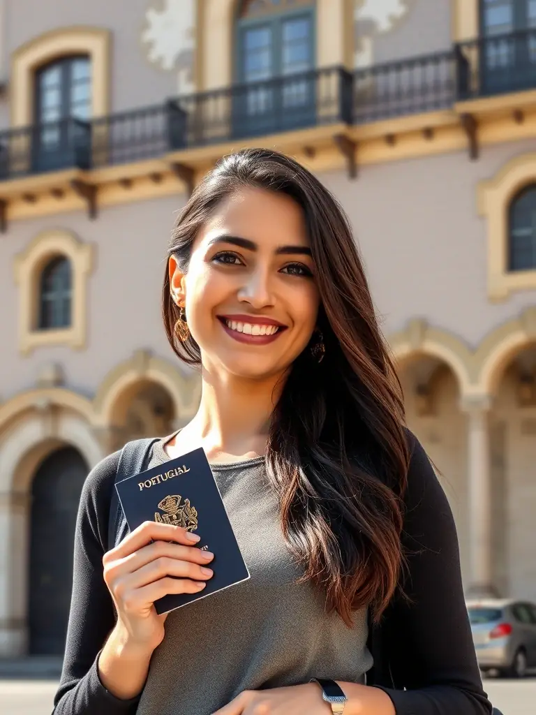 A person holding a Portuguese passport, smiling, with a traditional Portuguese building in the background, representing Portuguese citizenship services.