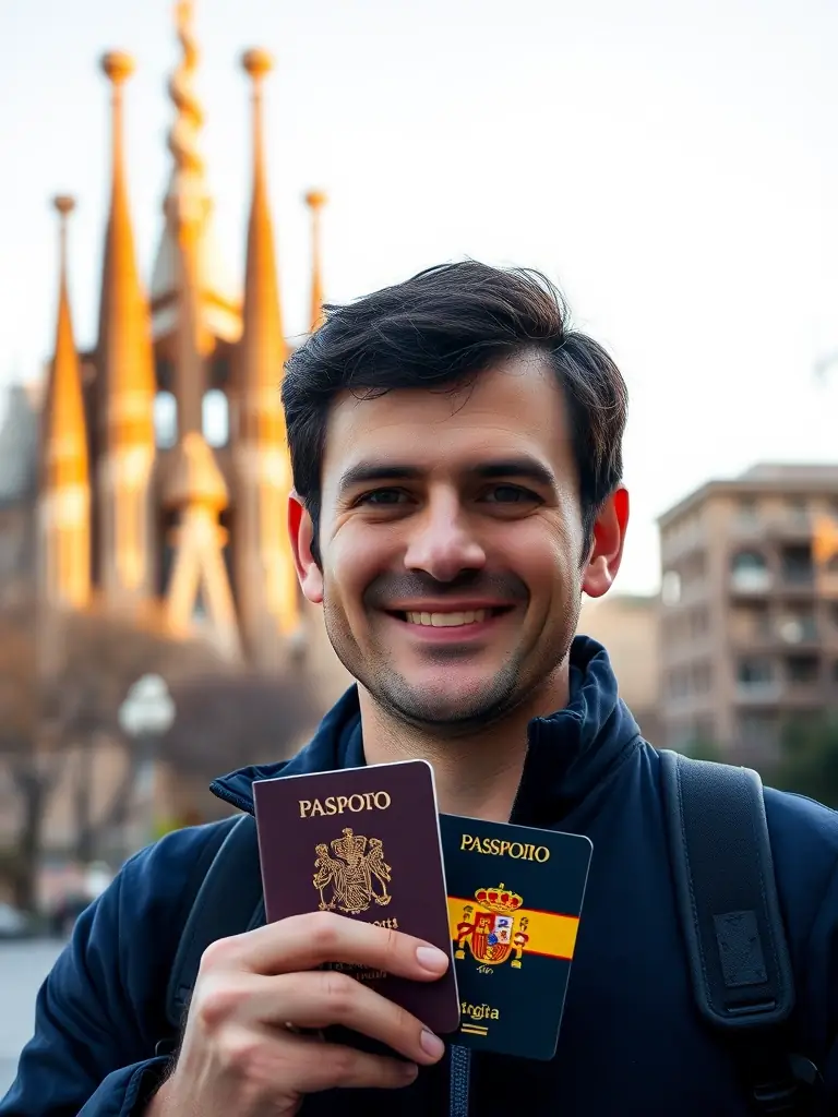 A person holding a Spanish passport, smiling, with a Spanish landmark in the background, representing Spanish citizenship services.