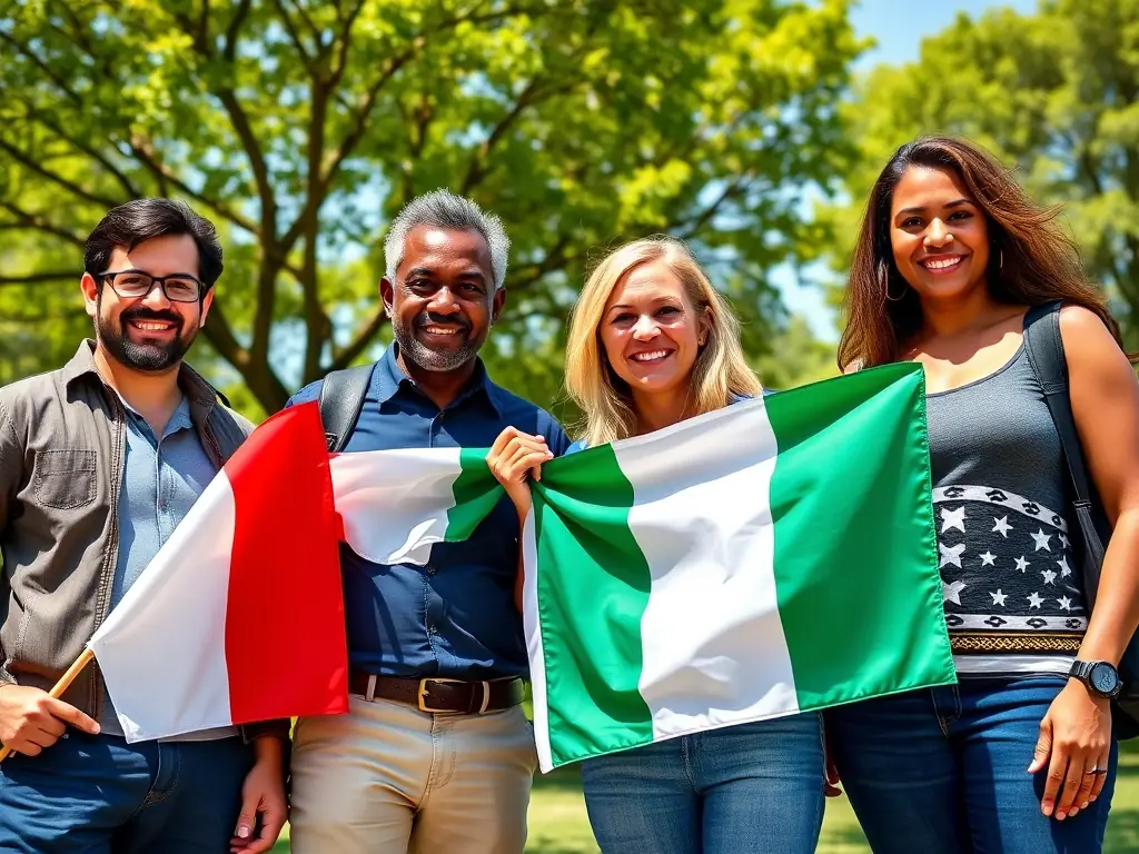 A diverse group of people celebrating with Italian flags, symbolizing the successful acquisition of Italian citizenship through Consulenza Group's services.