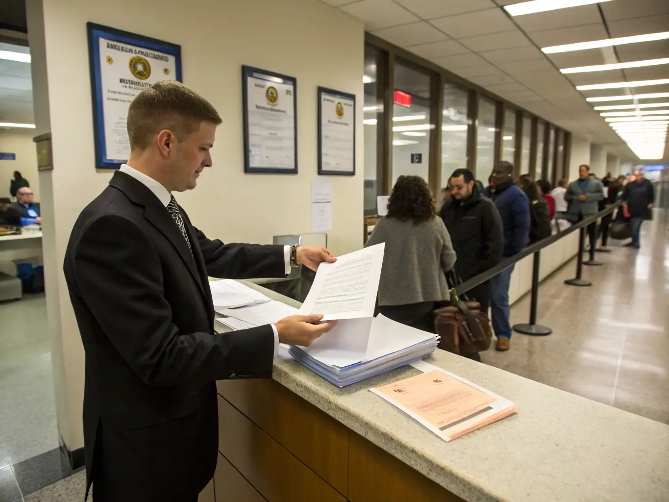 A person receiving assistance at a government office for residency application, highlighting Consulenza Group's support in residency processes.