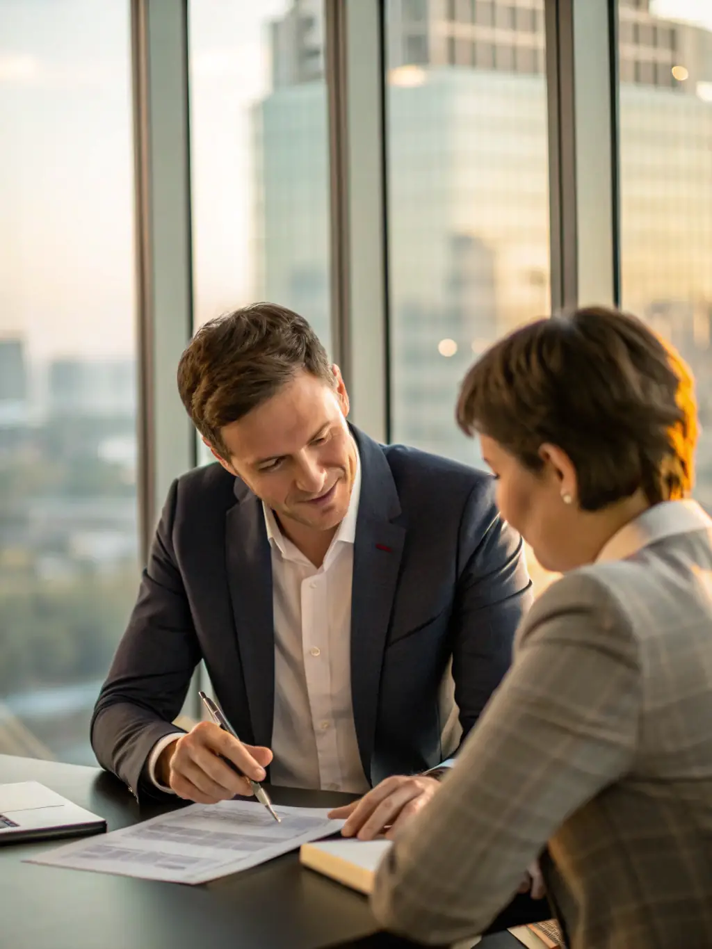 A professional consultant discussing visa options with a client, with the Dubai skyline visible in the background, representing visa and residency services.