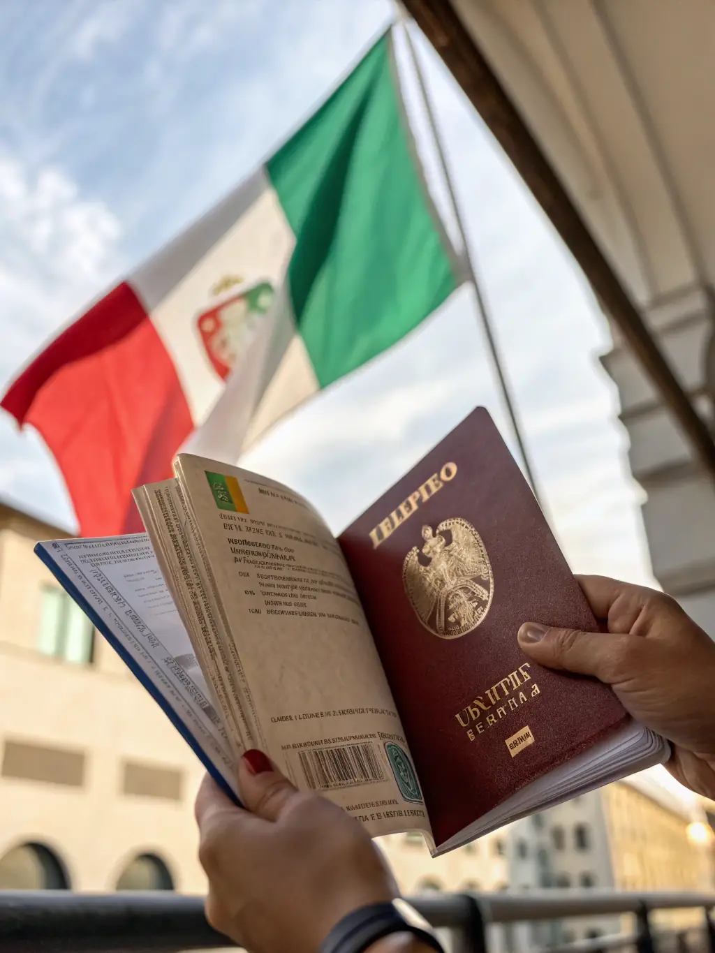 A person holding an Italian passport, smiling, with the Colosseum subtly visible in the background, representing Italian citizenship services.
