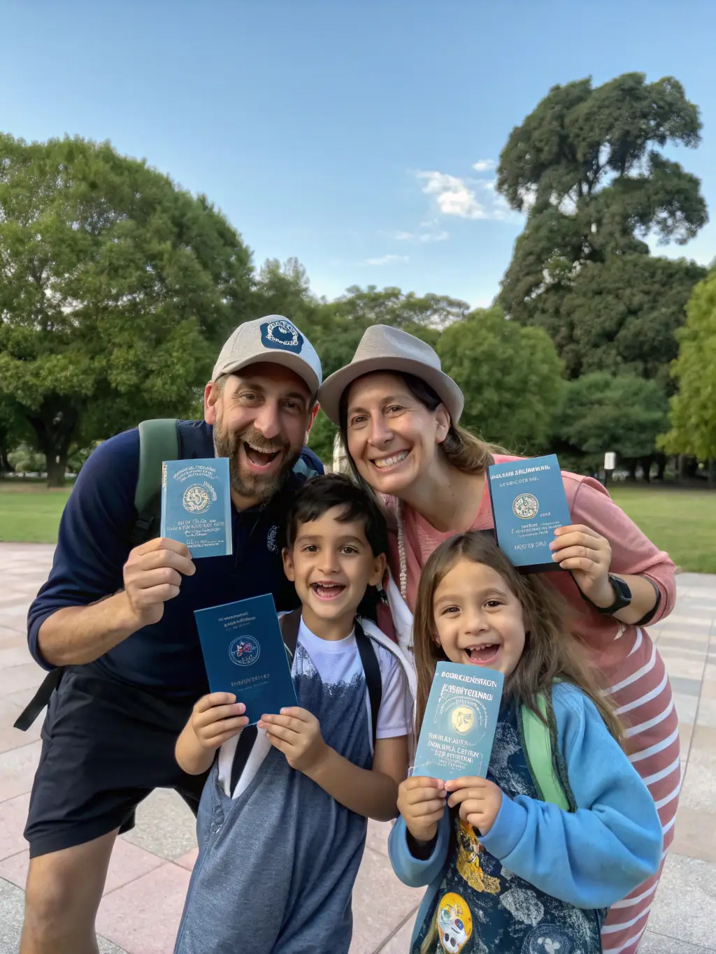 A family celebrating their Spanish citizenship approval with Consulenza Group, holding Spanish flags and smiling in front of a government building.
