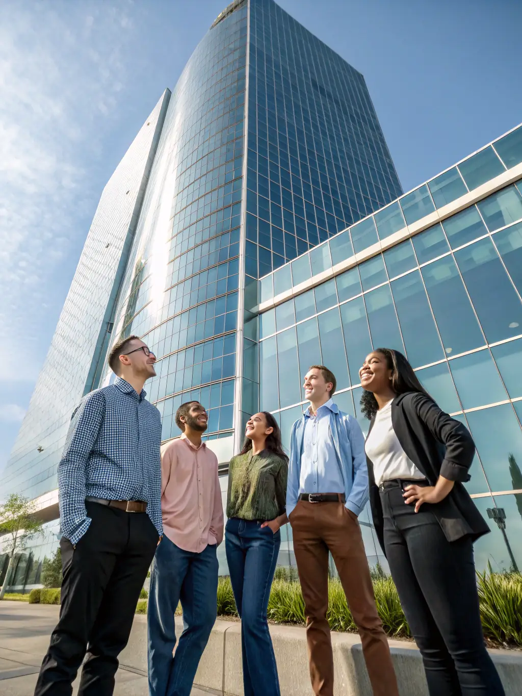 A diverse group of people standing in front of the European Union flag, symbolizing the various nationalities Consulenza Group assists with residency.