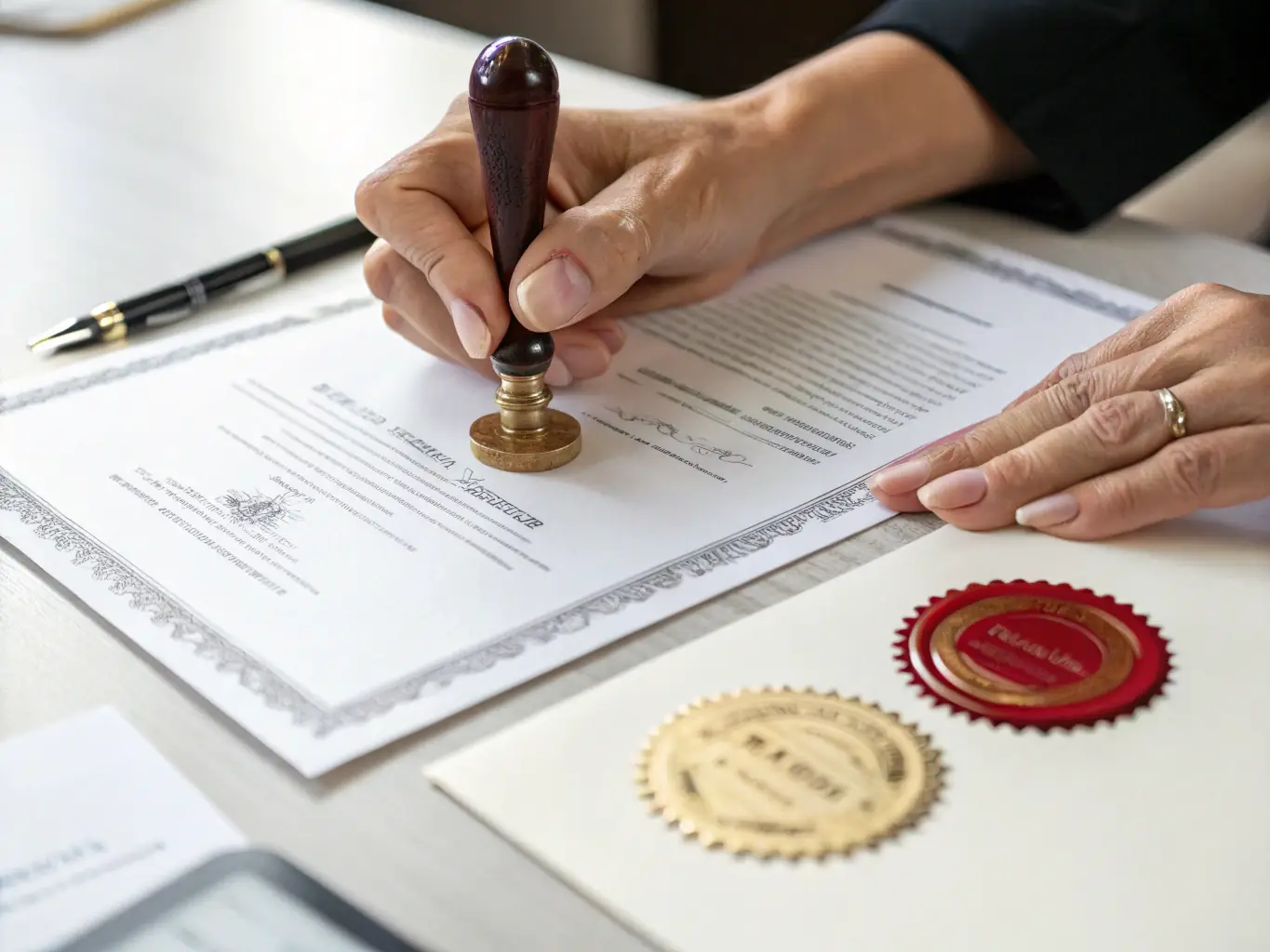 A close-up shot of official documents being authenticated with an apostille stamp, symbolizing the legalization services offered by Consulenza Group.