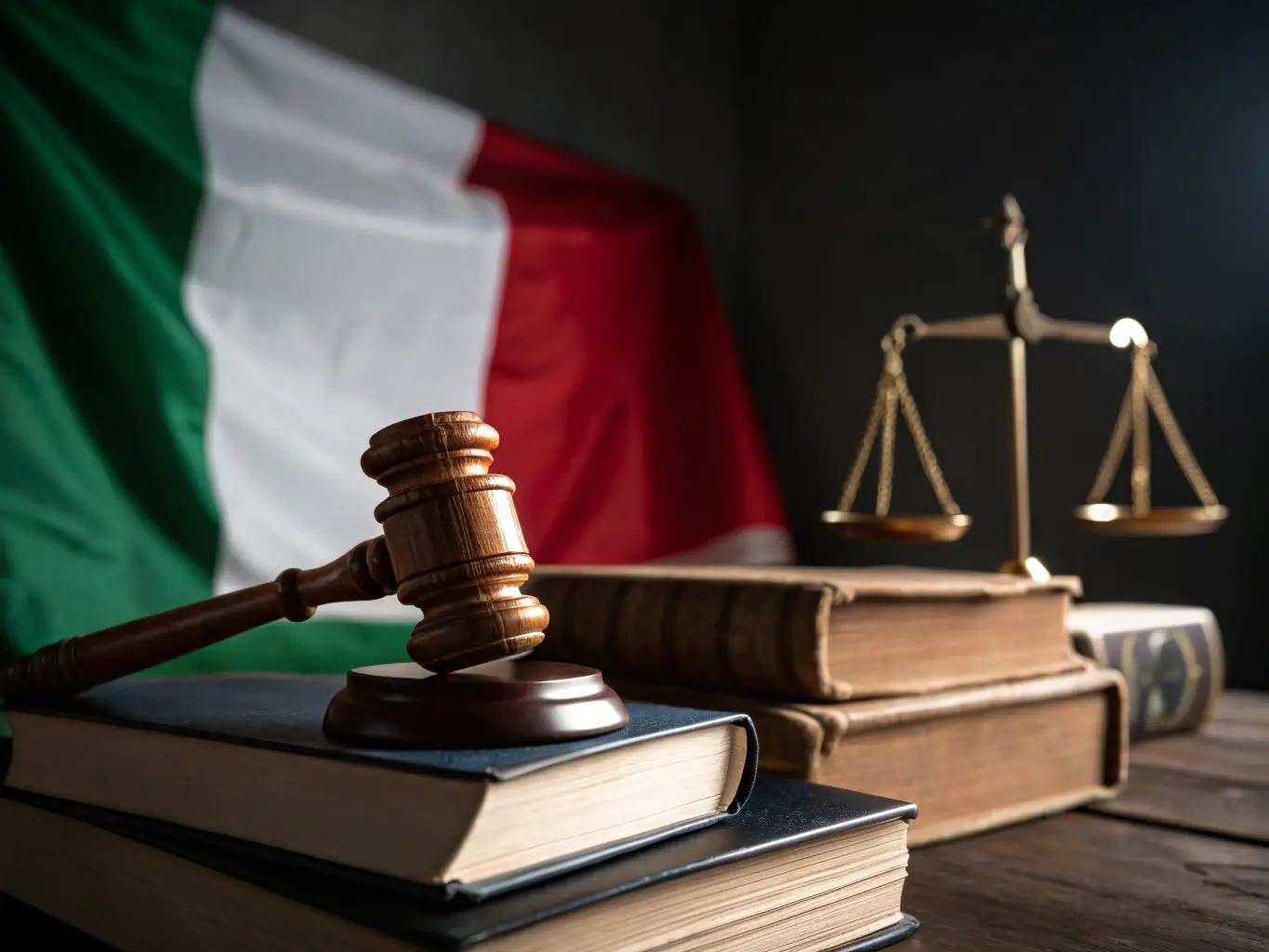 A gavel resting on a stack of legal documents with the Italian flag subtly displayed in the background, representing the judicial process for Italian citizenship.