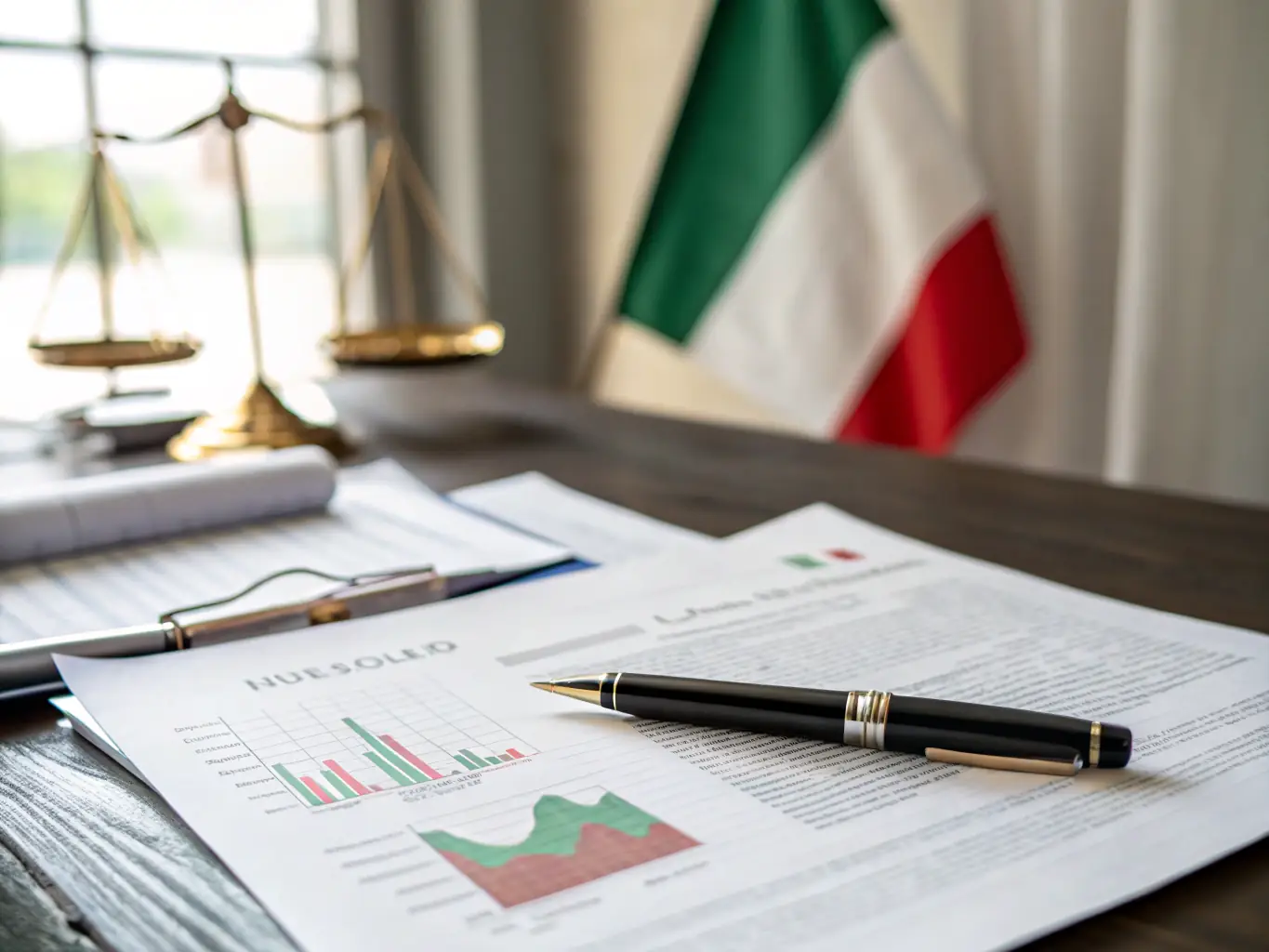 A photo of official Italian documents being reviewed by a lawyer in a modern office setting, symbolizing the administrative process of Italian citizenship.