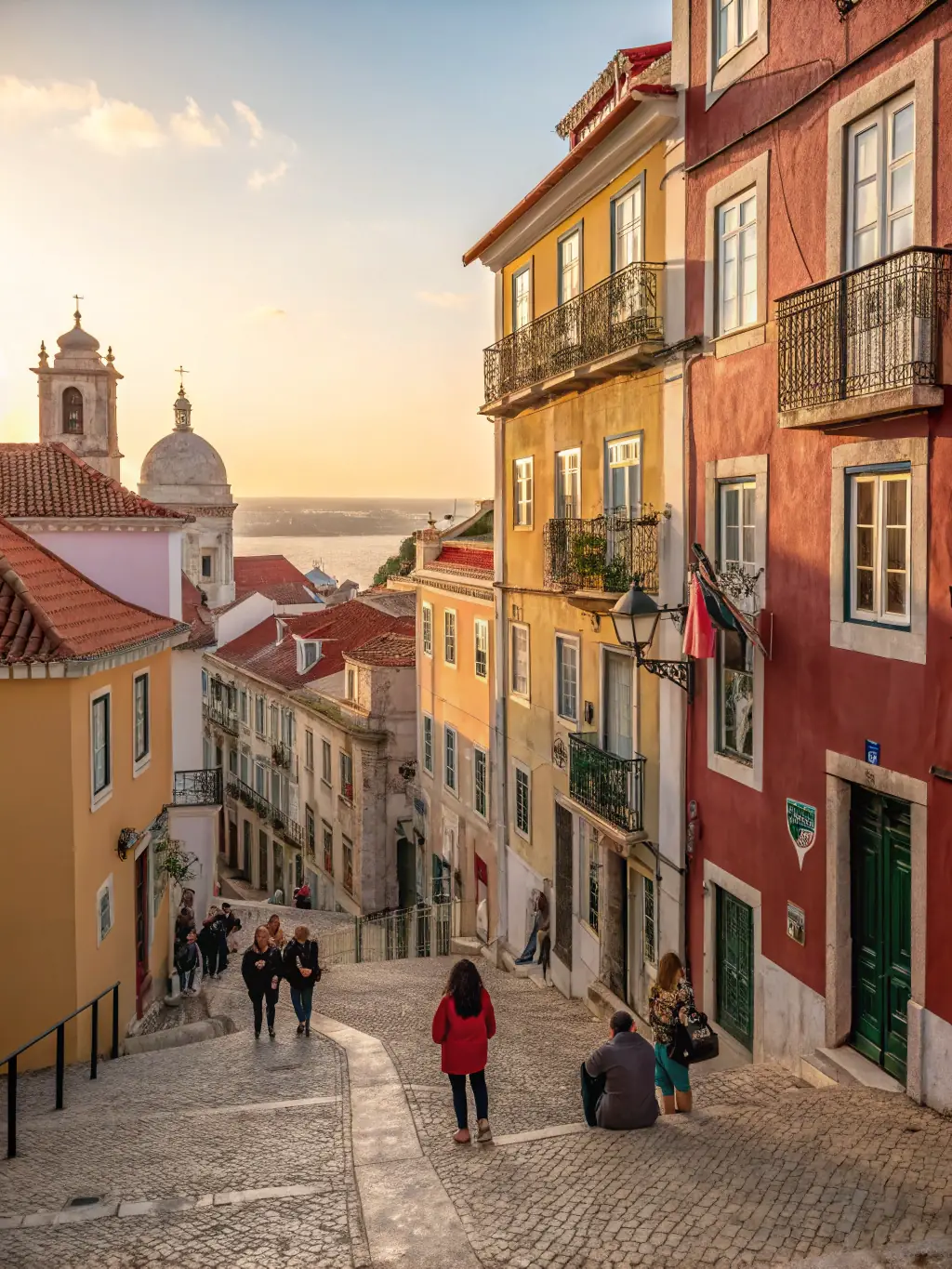 A person holding a Portuguese passport smiles while walking through Lisbon's historic Alfama district, showcasing the vibrant culture and ease of travel.